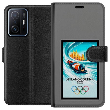 Yhteensopiva Lompakkokotelo Xiaomi 11T Dynaaminen kelkkailija tai skeleton-ajaja jääkanavalla Milanon Cortina 2026 kanssa, kaupunkinäkymä ja olympiala