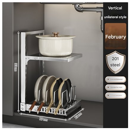 Förvaringsställ för kastruller, flerskikts ställ för kastruller, avtagbart, ställ utan installation med krokar. Det innehåller inga föremål, bara en 