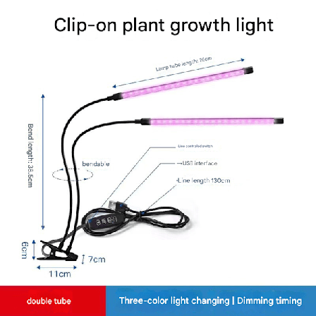 3-färgs växtlampa/växtbelysning med flexibelt LED-lysrör, 1-pack, 2 rör, lämplig för växttillväxt.