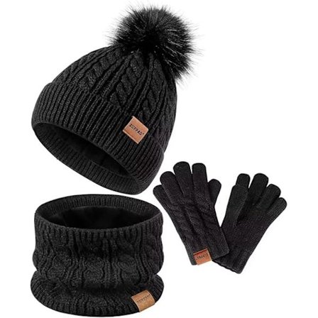 Vintermössa, Vantar och Halsduk Set för Barn, Flickor Barnmössor Beanie med Pom Pom Stickad Halsvärmare Gaiter Vantar Fleecefodrad Set