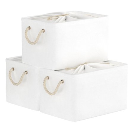 Kokoontaitettavat säilytyskorit, kangasta, laatikot hyllyille, kiristysnyörillä ja 2 kahvalla, vaatteille, valkoinen, 40x30x26cm