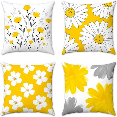 Utendørs putetrekk Gult sennep Blomster Daisy Hageputer Sett med 4 putetrekk Hjemmedekorativt for sofa Stue Utendørs Grå Flo