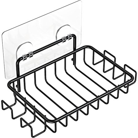 Sæbehylde til brusevæg med 4 kroge, klæbende sæbebakke i rustfrit stål til badeværelse, sort