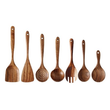 Träslevar för matlagning, 7 st träredskap för matlagning i teakträ, köksredskapssats i trä, köksskedar i teak i trä A