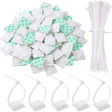 100-pack självhäftande blixtlåsband med självhäftande fästen, kabelbindarbasfästen med flera användningsområden (längd 150 mm, bredd 2 cm, vit)