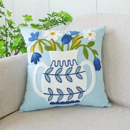 IC Vas med blomsterblåt cover Boho cover Blomstulpan broderet pude med betræk 18" x 18"""