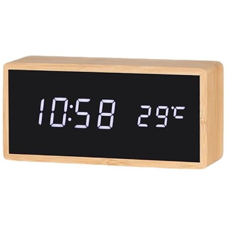 Veggklokke i bambustre med LED-display og speiltemperatur, firkantet digital vekkerklokke (farge: hvit)