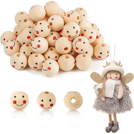 Juleprojekt med engle træperler med ansigt, 100 træperler med ansigt til bekymringsorm træperler 20 mm til gør-det-selv