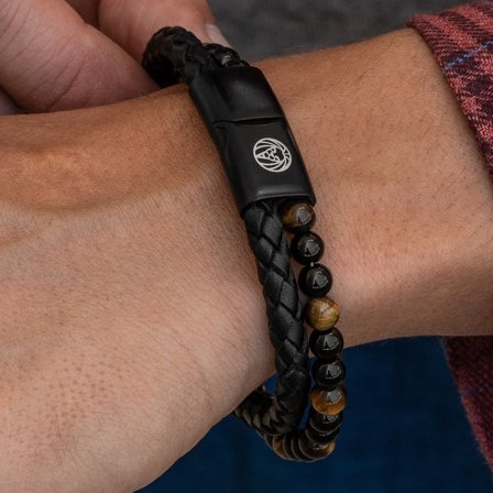 Yellow Tiger’s Eye & Leather Icon Bracelet for Men - Beaded bracelets