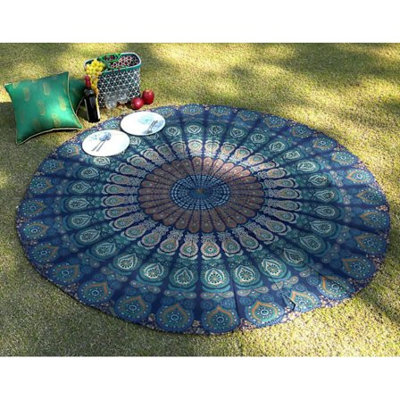 Liten Rund Gobeläng - Ren Bomullsstrand Rundduk Kastar För Picknick Och Camping - Blå - 121cm