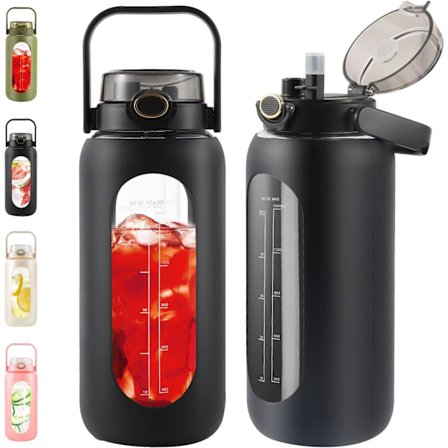 2 Liters Glasvannflaske med Sugerør og Håndtak - 64oz Motiverende Vannkanne med Tidsmerking og Silikonetui