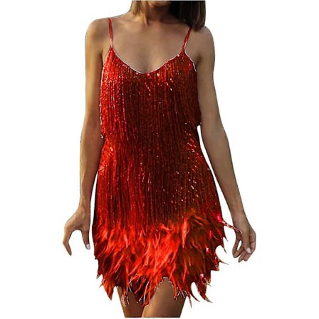 Cocktailkjoler til kvinder Sexet dyb V-hals Allover Frynser Spaghetti Stropper Kjole Pailletter Fjer Prom Festkjole