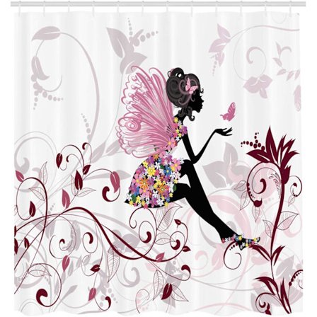 Tegneserie Bruseforhæng, Blomster Sommerfuglevinger Grene Ornament Blomstret Forårsskov, Stof Badeværelsesindretning Sæt med