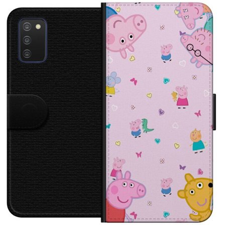 Kompatibel Tegnebogsetui til Samsung Galaxy A03s Peppa Gris med en baby i armene, morgris motiv i farverig og blød børneillustration med hjerter
