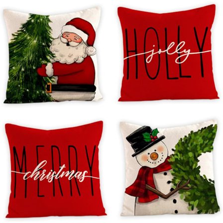 Julkuddöverdrag, 25 x 25 cm, Set med 4 dubbelsidiga julkuddöverdrag, jultomtedesign, Merry Christmas kuddfodral för soffa