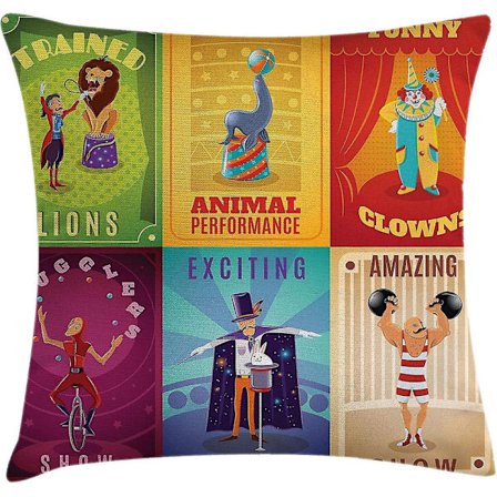 Sirkus Pynteputer Putetrekk, Sirkusfigurer med Dresserte Dyr Sterk Mann Trapesartist Retro Show Design, 18" X 18", Lilla Grønn DB