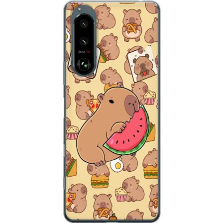 Kompatibelt Mobilskal till Sony Sony Xperia 5 III Söt capybaror njuter av vattenmelon pizza och popcorn i en varm och lekfull design som sprider glä