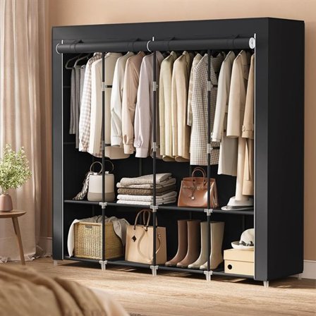 Siirrettävä kangaskaappi 4 ripustusosastoa – 120 cm, Hyllyt, sivutaskut, musta