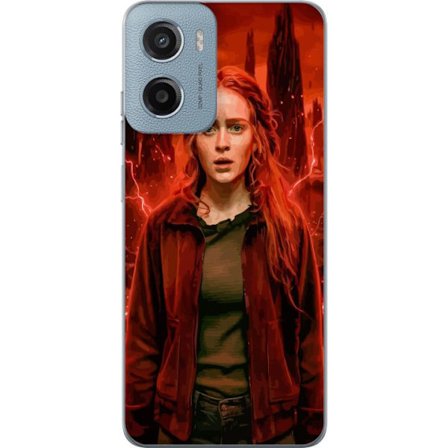 Kompatibelt Mobilskal till Motorola Motorola Moto G05 Porträtt av en ung kvinna med rött hår i en apokalyptisk landskap, röda blixtar och mörka k