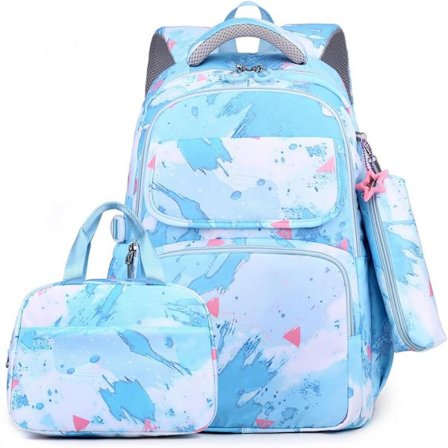 Skolerygsæk til teenagepiger i alderen 7-14 år, 3 dele med isoleret madkasse og penalhus, 32L, nylon, ideel