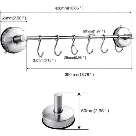Kjøkkenreling med sugekopp og 6 skyvekroker for kjøkkenredskaper, borefri oppheng, redskapsholder, håndklestang, baderomsorganisator, dusj, rustfritt 