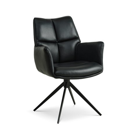 Lily Spisebordsstol med Armlæn & Drejefunktion i Sort Læder - Sort Stel, 62x64x91cm - Elegant, Holdbar & Komfortabel Design til Spisestuen