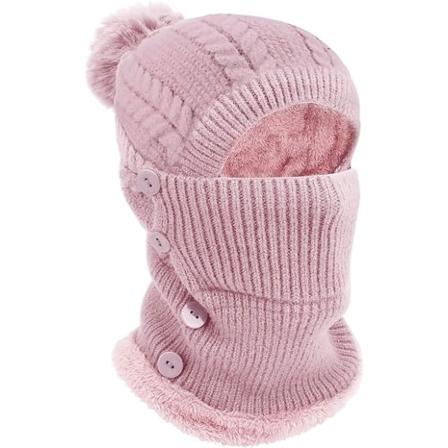 (Pink 56-58cm) Vintervarm Strikket Hue og Halsvarmer Sæt, Flexi