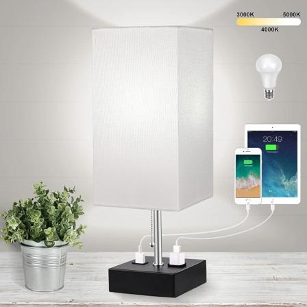 3-fargetemperatur nattbordslampe med USB-port og AC-uttak, bordlamper for soverom nattbordlamper med blå skjerm svart metall (pære inkludert)