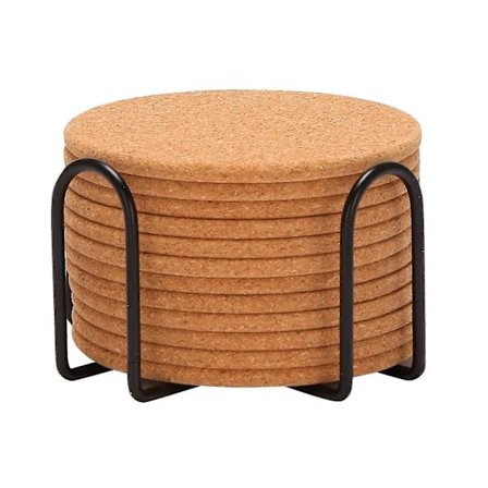 Pakke med 12 absorberende korkunderlag med holder, varmebestandige glassunderlag, gjenbrukbare runde drikkeunderlag