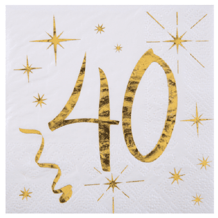 Kaffeservietter, hvite og gull, 40 år, 20-pakning.