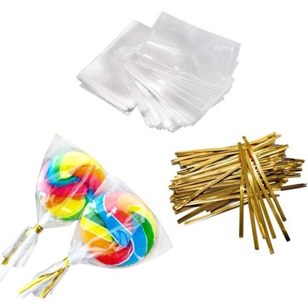 100 st transparenta påsar OPP-omslag cellofanpåsar med 100 st vridband för klubba godis