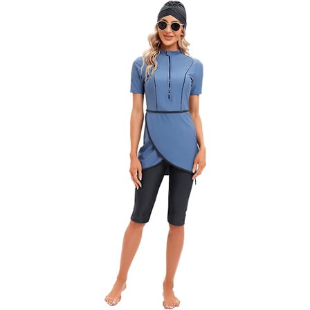 Women Modest Swimwear Islamic Muslim Swimsuit Short Sleeve Zipper Front Top Shorts Pants Hijab 3pcs Swimming Costume S-4xl Xinmu -a