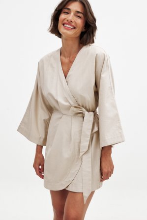 NA-KD Kaftan-Wickel-Minikleid aus Leinenmischung - Leinenkleider - Beige - EU 32