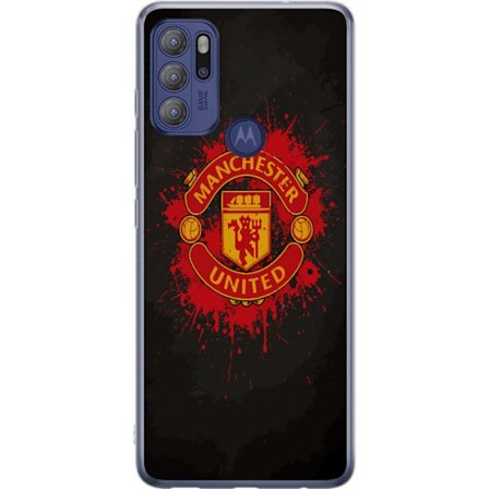 Kompatibelt Mobildeksel til Motorola Motorola Moto G60S Manchester United logo i rød og gul farge med røff sportslig bakgrunn