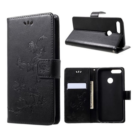 Huawei P Smart mobiletui i kunstlæder med indgraveret sommerfugl og blomster - Sort