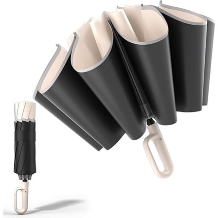 Vind- og sne paraply, rejseparaply, let at folde, med karabinhage, stærkt greb, regn-/sne-/UV-bestandig, 10 ribber, Indus ris