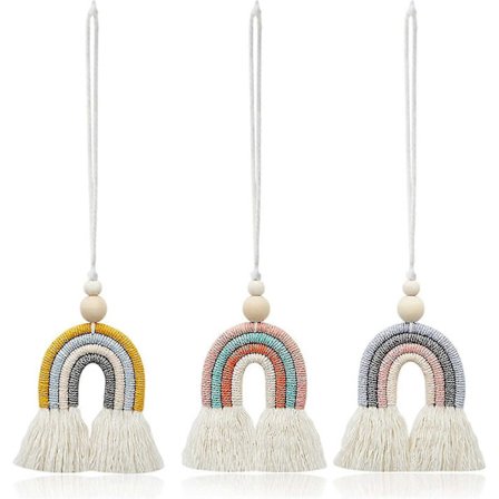 3-delad bilinteriörspegelprydnad, Makramé väggbonad, Makramé väggbonadsdekor, Med träpärlor för hemväggbilsdekoration