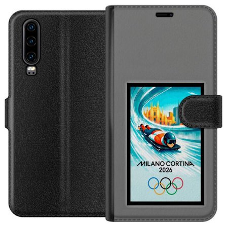 Yhteensopiva Lompakkokotelo Huawei P30 Dynaaminen kelkkailija tai skeleton-ajaja jääkanavalla Milanon Cortina 2026 kanssa, kaupunkinäkymä ja olympiala