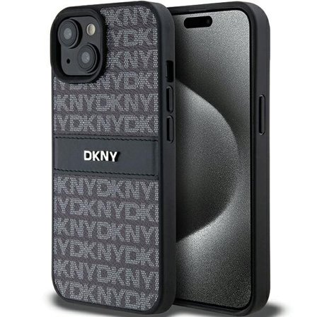 DKNY læderetui med monostribe og metallogo til iPhone 15 Plus / 14 Plus - Sort