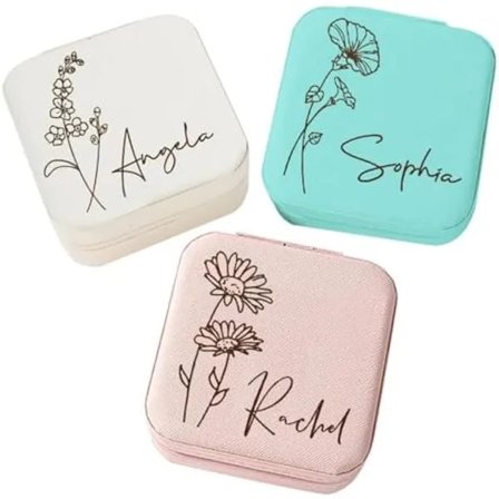 /EA/Smyckeskrin för Kvinnor, Anpassat Resesmyckeskrin med Namn och Födelsedagsblomma, Smyckeskrin i Läder för Ringar, Örhängen, N