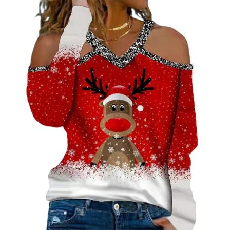 Naisten joulu Printed T-paita Pusero Xmas Cold Shoulder V-pääntie Pitkähihaiset Casual paidat Topit Plus Size Christmas Silver L