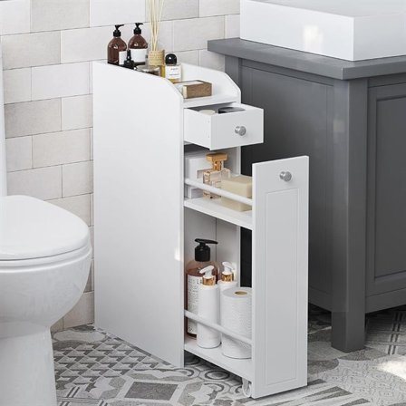 Smalt badrumsskåp med utdragbar låda – Vit