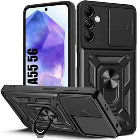 Skyddsskal - BOOLING - för Samsung Galaxy A55 5G - Stötsäker - Metallstöd - Skjutbart kameraskydd
