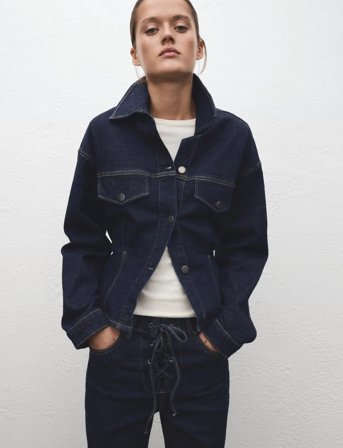 Mango Fitted Denim Jacket With Pockets - Navy - L