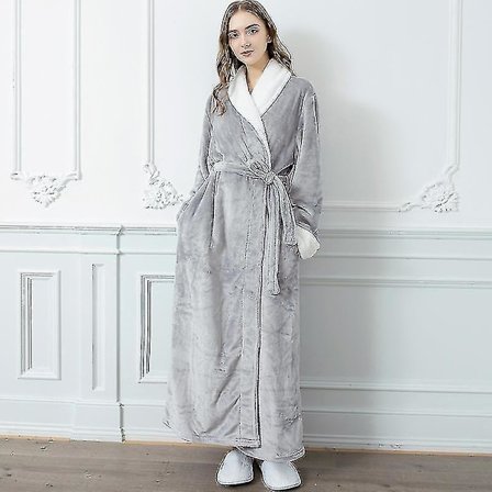 Dam & Herr Vinter Plus Size Flanellrock Extra Lång Huva Varm Morgonrock Par Tjock Kimono Badrock Man Morgonrock Robes Kvinna Grå XL
