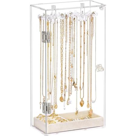 Akryl Halskjedeholder, Halskjedeorganisator, Roterbar Klar Smykkeorganisator Displayboks for Lange Halskjeder, Vedheng og Armbånd
