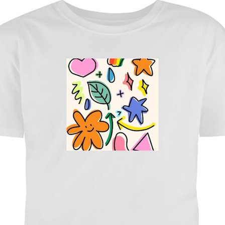 Lapsen t-paita Värikäs doodle-kuviointi, jossa on sydämiä, tähtiä, lehtiä, sateenkaaria, pilviä ja nuolia, täydellinen niille, jotka rakastav