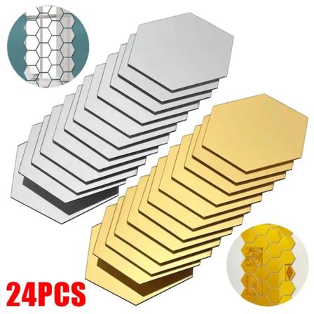 24/6 st 3D-spegel väggdekal hexagon akryl självhäftande mosaik kakel dekaler Avtagbar väggdekal Gör-det-själv Heminredning Konstspegel Silver-24pcs S-