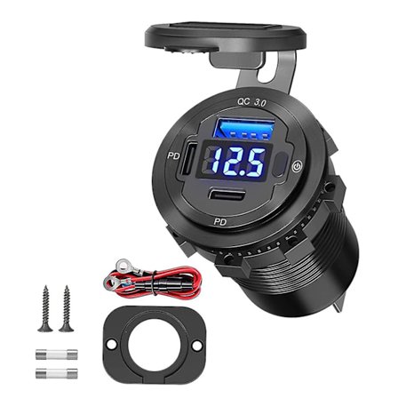 78W USB C inbyggd billaddare: Qidoe 12V Dual PD3.0 och QC3.0 USB-uttag 12 Volt billaddare Laddare i aluminium med strömbrytare Spänningsdisplay f