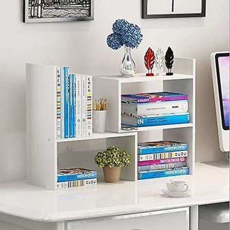 Justerbar bokhylla i trä, utbyggbar skrivbordsförvaring Organizer Display Shelf Rack, kontorsmaterial, vit